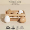 The Farm Eggs Wooden Market Crate holds six realistic wooden eggs in shades of brown and white. Made from sustainable, plastic-free FSC certified wood. "Le Toy Van" is labeled on the crate. Dimensions provided above.