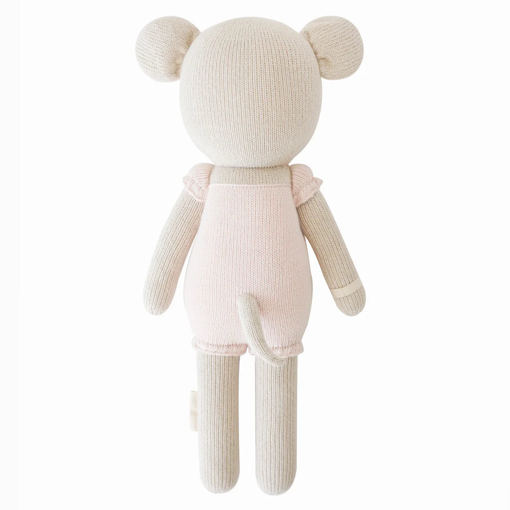 Cuddle + Kind Beatrice The Mouse - Blush is a handmade beige mouse plush crafted from premium cotton yarn, featuring round ears, a small tail, and wearing a light pink romper.