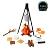 The Wooden Camp Fire Set offers indoor camping fun with a pot over a pretend fire, marshmallows on sticks, sausages, graham crackers, chocolate squares, a mug, and plates. Perfect for kids’ pretend play. GALA Winner 2018 badge shown top right.