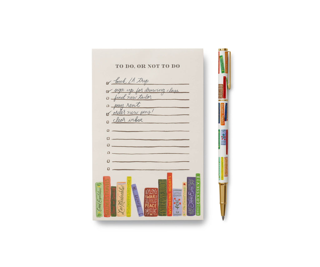 The Book Club Pen, featuring a book spine design, rests beside a notepad adorned with “TO DO, OR NOT TO DO” at the top and whimsical book spines along the bottom.