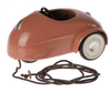 The Maileg Big Brother and Sister Adventure Extended Set features a vintage brown mouse car with white wheels and a black pull cord, perfect for big sister mice, displayed on a plain white background.