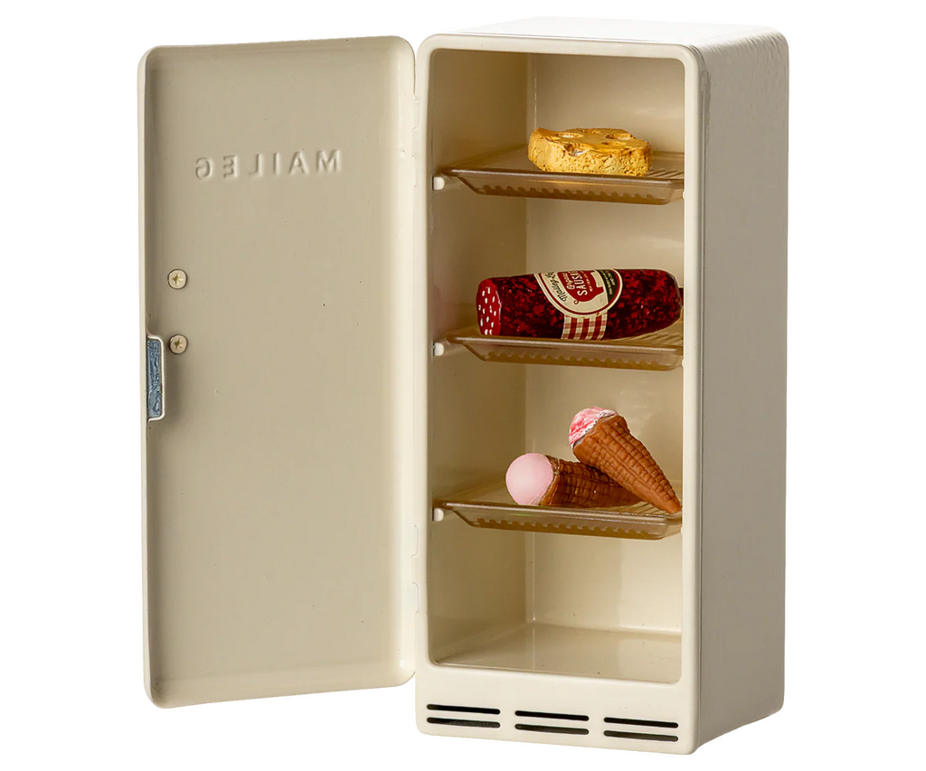 The PRE-ORDER: Fridge, Mouse - Off White (ships early October) is a small, vintage-style fridge with three shelves for Maileg Mouse hole Farmhouse play. The open door reveals "MAILEG" embossed inside.