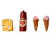 A block of Swiss cheese, a wrapped sausage, and two pink ice cream cones are displayed on a beige background—perfect for imaginative Maileg Mouse tales with the PRE-ORDER: Fridge, Mouse - Off White (Aprox. Ship Date: Early October).
