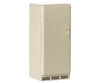 The PRE-ORDER: Fridge, Mouse - Off White is a small toy refrigerator with "MAILEG" on the door, inspired by vintage fridges—ideal for Maileg Mouse hole Farmhouse play. Features include a simple handle and vent-like details. Ships early October.