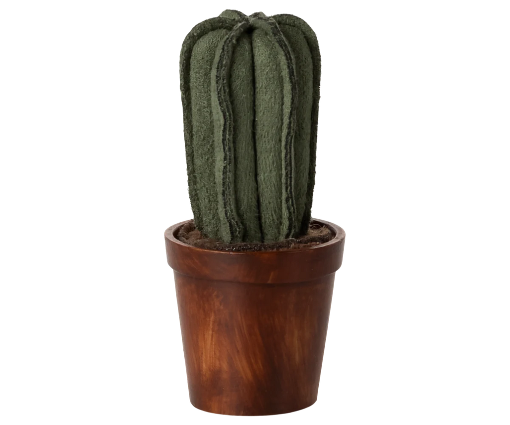 The Maileg Flower Pot With Cactus, Miniature features a green fabric cactus with ridged sections standing upright in a small flower pot against a striped background.