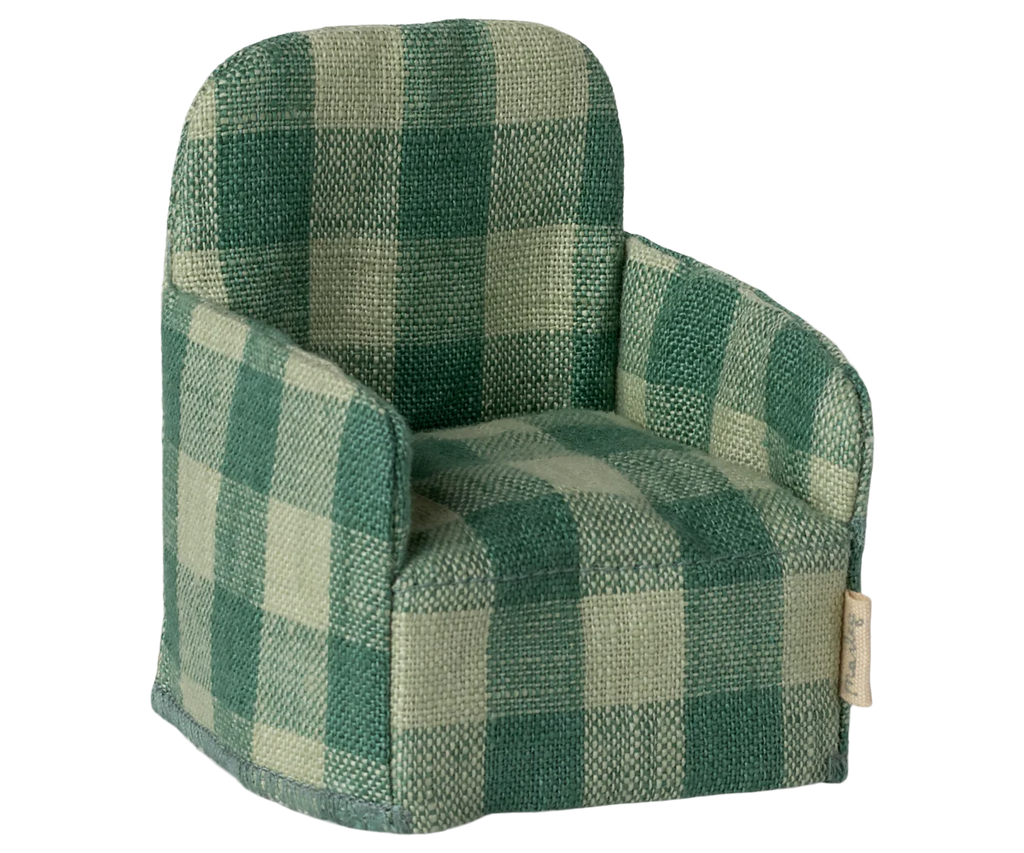 The Maileg Folding Chair, Mouse - Green Checker features cozy green and light green checkered upholstery with padded armrests, high back, and soft look—perfect for the Mouse hole Farmhouse. Tag attached on right side.