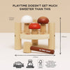 The Woodland Mushroom Hammer Game features three colorful mushrooms on an FSC-certified wood base with a wooden hammer. Product dimensions are shown. Text above: "Playtime doesn't get much sweeter than this—perfect for fine motor skills.
