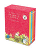 A Year In Brambly Hedge by Jill Barklem is a boxed set featuring four classic tales, with a red box illustrated with mice in clothing and pastel-colored spines displaying the titles of these beloved adventures.