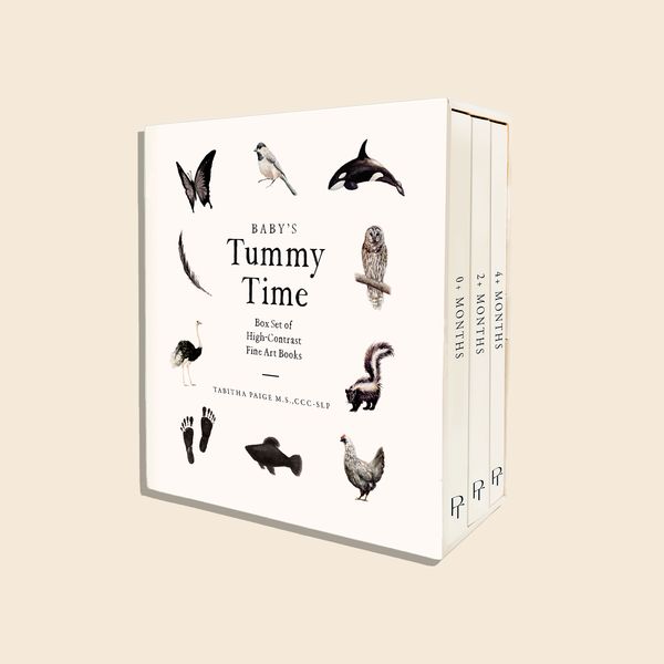 The Baby's Tummy Time Book Box Set features three developmental board books with high-contrast animal and silhouette art—such as butterfly, orca, skunk, chicken, and tracks—to support baby's visual milestones.