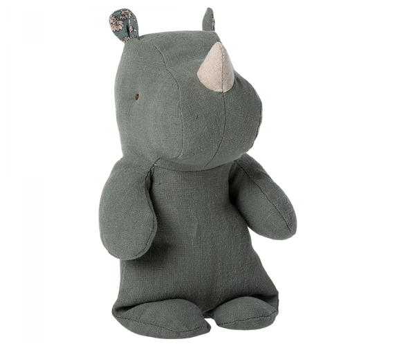 A green linen Small Maileg Rhino plush toy with small ears and a prominent horn, viewed against a transparent background.