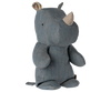 The Maileg Small Rhino - Blue Sand is a soft, blue-grey stuffed toy with a large horn, small ears, stitched details, and an upright pose from the Safari friends collection.