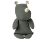 The Maileg Small Rhino - Pine is a soft, green stuffed toy made with recycled polyester. It features a white horn, polka dot ears, stitched details, and floppy limbs, sitting upright from the Safari friends collection.