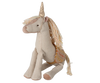 The Maileg Unicorn, Small is a plush kids toy featuring a beige body, gold horn, long cream and gold mane and tail, and an embroidered pink and gold saddle. This unicorn sits upright to spark any magical adventure.