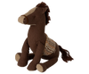 The Maileg Pony, Medium is a brown plush toy with a patterned saddle, light brown snout, and yarn mane and tail. Made of soft fabric, it sits upright for charming display or cuddling.