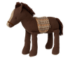 The Maileg Pony, Medium is a plush brown pony with a cream face, yarn mane and tail, and a patterned saddle blanket in brown, cream, and orange—crafted from soft fabric for cozy play.