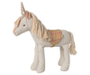 The Maileg Unicorn, Medium features cream linen-cotton fur, a golden horn, pastel yarn mane and tail, and an orange patterned fabric saddle. This colorful unicorn stands on all four legs against a neutral background.