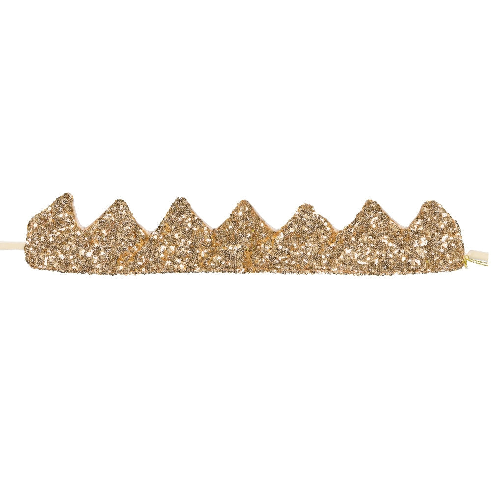 The Crown - Gold Sequins is a glittery gold crown-shaped party headband with five pointed peaks, shown from the front against a white background.