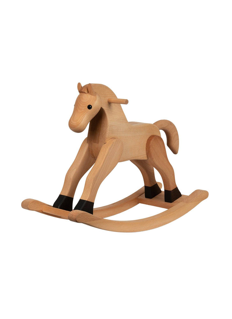 The Spring Copenhagen Wooden Rocking Horse features a smooth finish, rounded edges, black hooves, and minimalist Nordic design on curved rockers—offering elegant style for any playroom. Final Sale.
