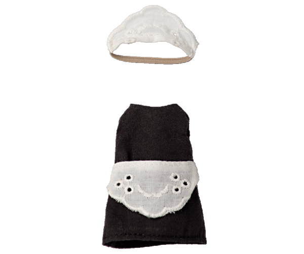 The Maileg Extra Clothing: Maid Clothes for Big Sister Mouse is a small black cotton dress with an apron and a matching white lace headpiece, perfect as a miniature maid costume for your mouse doll.