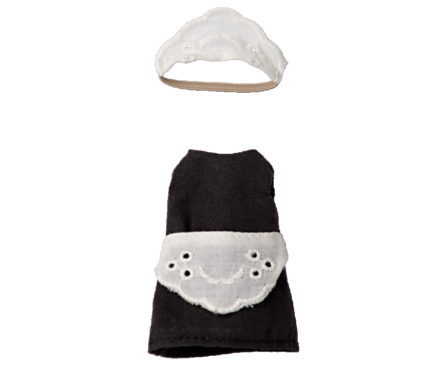 The Maileg Extra Clothing: Maid Clothes for Big Sister Mouse is a small black cotton dress with an apron and a matching white lace headpiece, perfect as a miniature maid costume for your mouse doll.