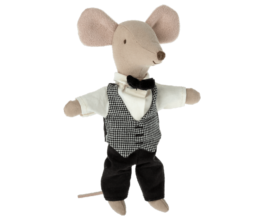 Maileg Extra Clothing: Waiter Clothes lets your Big Brother Mouse dress as a classic waiter with a white shirt, vest, black bow tie, and black pants—perfect for standing upright with arms outstretched.