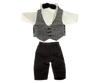 Maileg Extra Clothing: Waiter Clothes, Big Brother Mouse—a small formal doll outfit with shirt, vest, black bow tie, and black pants laid flat on a white background. Ideal for dressing up dolls or imaginative waiter play.