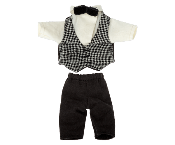 Maileg Extra Clothing: Waiter Clothes, Big Brother Mouse—a small formal doll outfit with shirt, vest, black bow tie, and black pants laid flat on a white background. Ideal for dressing up dolls or imaginative waiter play.
