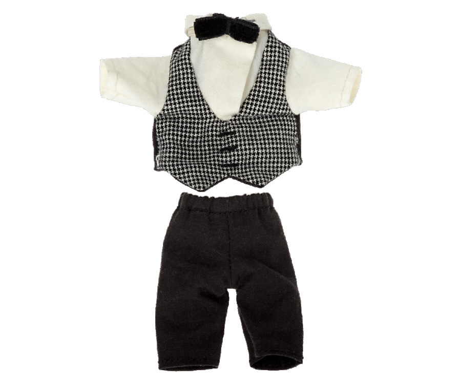 Maileg Extra Clothing: Waiter Clothes, Big Brother Mouse—a small formal doll outfit with shirt, vest, black bow tie, and black pants laid flat on a white background. Ideal for dressing up dolls or imaginative waiter play.