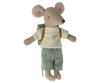 The Maileg After School Set features a cute stuffed toy mouse in a striped white and green shirt, light green pants, and a blue-yellow backpack with brown straps—perfect for adventures in a mouse hole farmhouse.