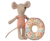 The Maileg Beach Mouse With Float, Little Sister - Flower features a cute plush mouse in a rose swimsuit beside a flower-printed float decorated with colorful blossoms.