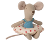 The Maileg Beach Mouse With Float, Little Sister - Red Dot features a fabric mouse with large ears and long tail, wearing a blue swimsuit and sitting in a white swim ring with red dots—ideal for summer play.