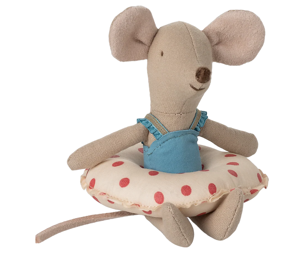 The Maileg Beach Mouse With Float, Little Sister - Red Dot features a fabric mouse with large ears and long tail, wearing a blue swimsuit and sitting in a white swim ring with red dots—ideal for summer play.