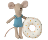 The Maileg Beach Mouse With Float, Little Sister - Multi Dot features a plush mouse in a blue swimsuit standing beside a colorful, polka-dotted donut-shaped float.