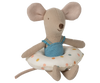The Maileg Beach Mouse With Float, Little Sister - Multi Dot features a plush toy mouse in a blue swimsuit with big pink ears and a long tail, sitting on a white float with colorful dots for an adorable, playful look.