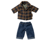 The Maileg Extra Clothing: Brown Checked Shirt And Pants set for Dad Mouse features a cotton/linen brown and navy plaid shirt with blue rolled-cuff denim pants, both displayed flat on a plain background.