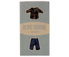 The Maileg Extra Clothing: Brown Checked Shirt And Pants for Dad Mouse comes in a light blue box with dotted patterns and cutouts, showcasing a charming cotton/linen outfit perfect for your toy mouse.