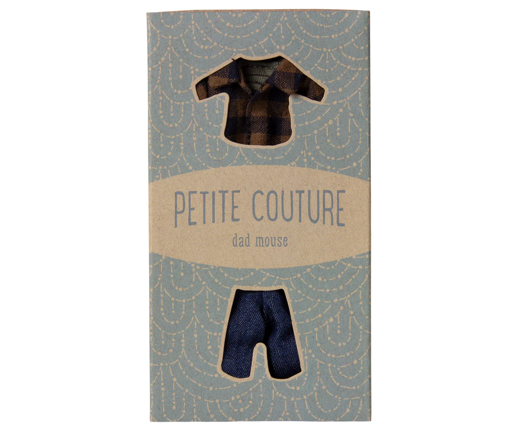 The Maileg Extra Clothing: Brown Checked Shirt And Pants for Dad Mouse comes in a light blue box with dotted patterns and cutouts, showcasing a charming cotton/linen outfit perfect for your toy mouse.