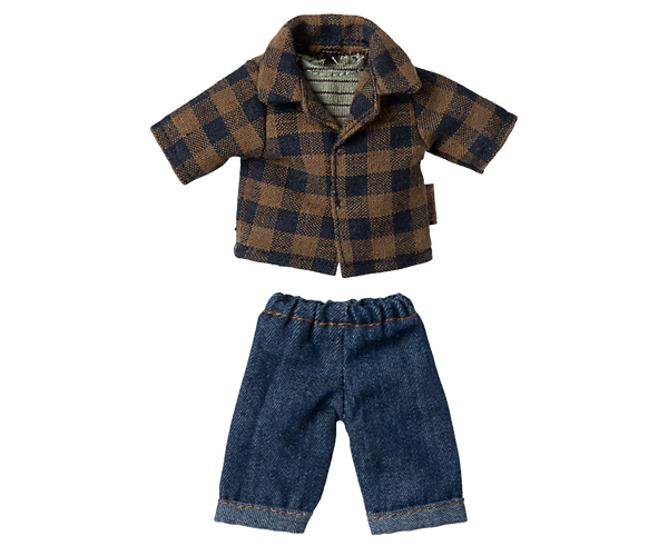 The Maileg Extra Clothing: Brown Checked Shirt And Pants set for Dad Mouse features a cotton/linen brown and navy plaid shirt with blue rolled-cuff denim pants, both displayed flat on a plain background.