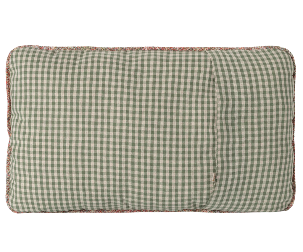 The Maileg Cushion - Pony is a rectangular 100% cotton cushion with a green and white gingham check pattern and multicolored fringe trim, displayed on a neutral background.