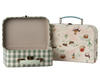 The Maileg Suitcase Set, 2-Pieces - Pony includes one open green and white gingham case and one closed with a handle featuring playful pony-themed illustrations—ideal for charming storage or play.