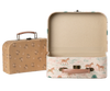 The Maileg Suitcase Set, 2-Pieces - Unicorn includes two small vintage-style cases—one closed with a floral design, the other open featuring a unicorn and tree print outside and a plain interior—ideal for charming toy storage.