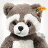 The Steiff Pedro Raccoon 9" is a plush toy featuring gray and white fur, round black eyes, and a yellow Steiff tag in its left ear, shown against a plain white background.