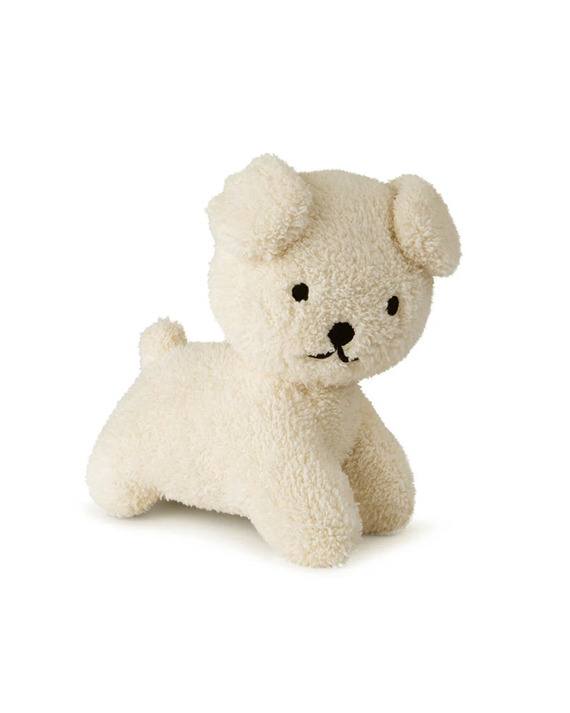 The Miffy Snuffy Stuffed Animal by Bon Ton Toys is a small, cream-colored plush dog with black eyes and nose, filled with recycled PET, and stands on all fours against a plain white background.