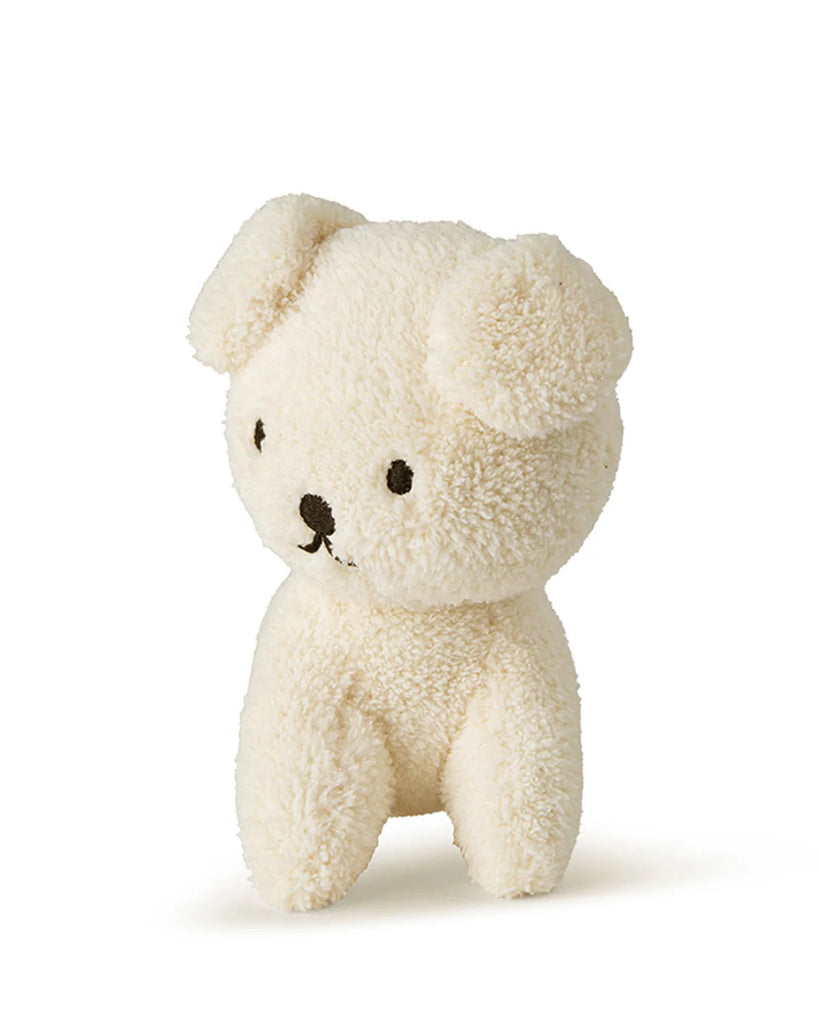 The Miffy Snuffy Stuffed Animal from Bon Ton Toys features cream-colored plush fur, round ears, simple black stitched facial details, recycled PET filling, and sits upright against a plain white background.