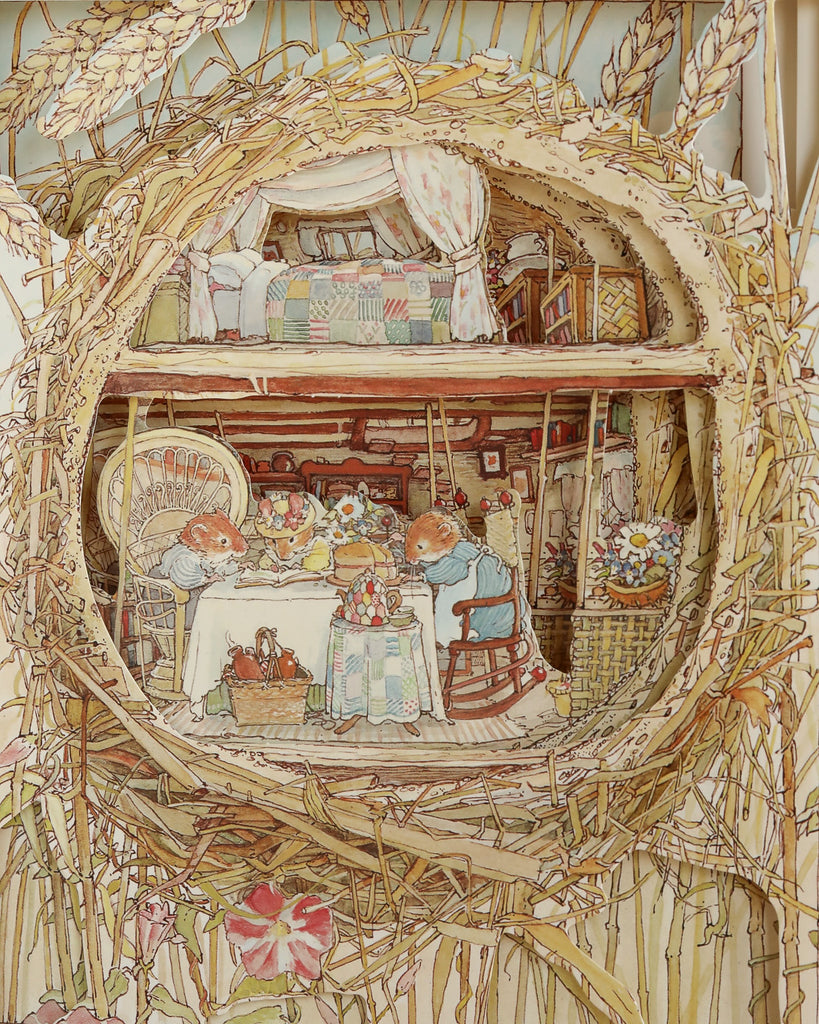 Inspired by The Brambly Hedge Pop-Up Book by Jill Barklem, this enchanting illustration shows a cozy mouse family sharing tea in their straw-woven home, surrounded by flowers and wheat, with a loft bed overlooking the scene.