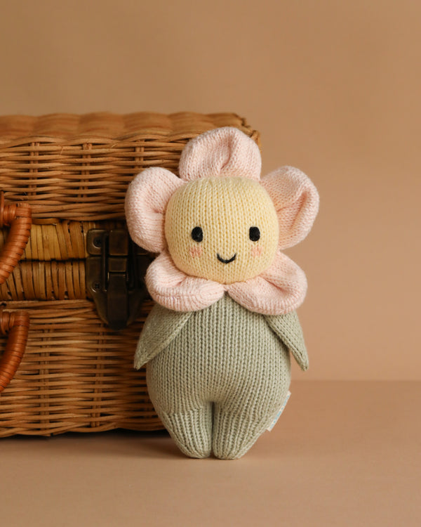 The Cuddle + Kind Baby Daisy - Blush Pink, a hand-knit plush toy with a smiling face, blush pink petals, and a green leaf body made of Peruvian cotton yarn, sits before a woven wicker basket on a beige background.