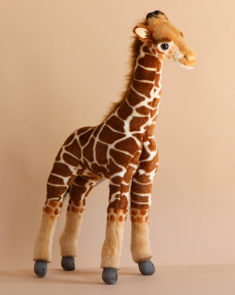 The Baby Giraffe Stuffed Animal features a brown and white patterned body, beige face, and gray hooves, standing against a plain light beige background. Its realistic design is inspired by lifelike HANSA animals.