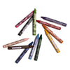 Twelve vibrant, non-toxic 12 Beeswax Crayons with playful doodles and labels are arranged in a circle on a white background.