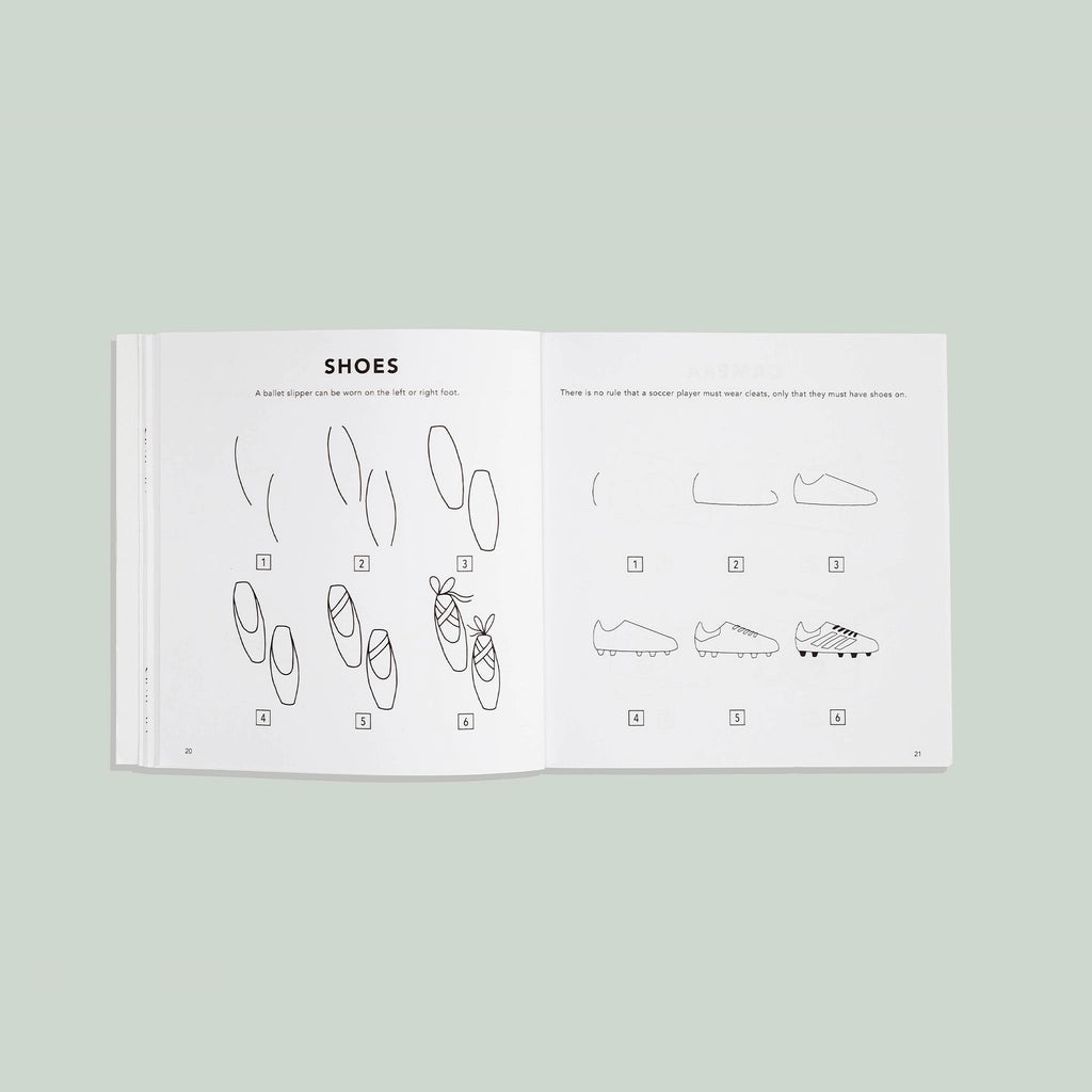 All the Things: How To Draw Books For Kids features simple line drawings of different shoes, including soccer cleats. Step-by-step sketches appear on the left page and numbered outlines of various shoe styles for kids are on the right.