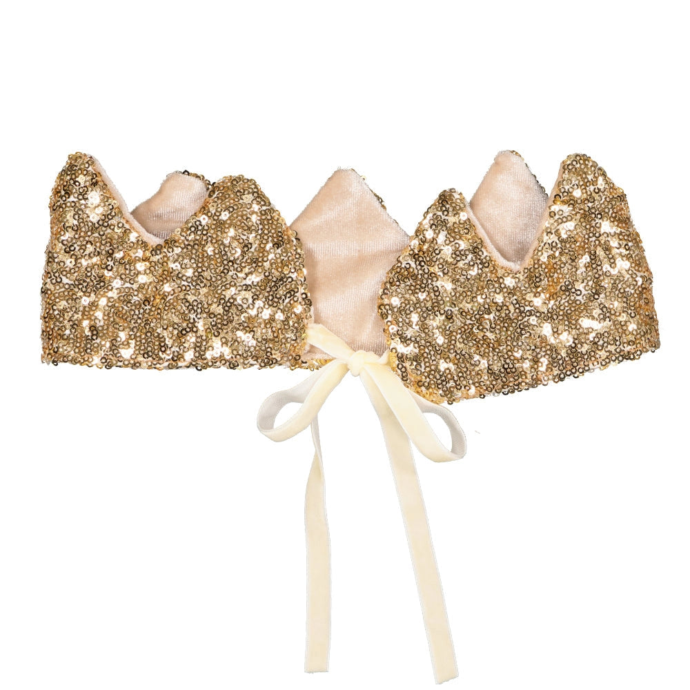The Crown - Gold Sequins, a gold sequin bralette top with cat ear accents and cream ribbon ties inspired by Luciole et Petit Pois (France), is displayed against a white background.
